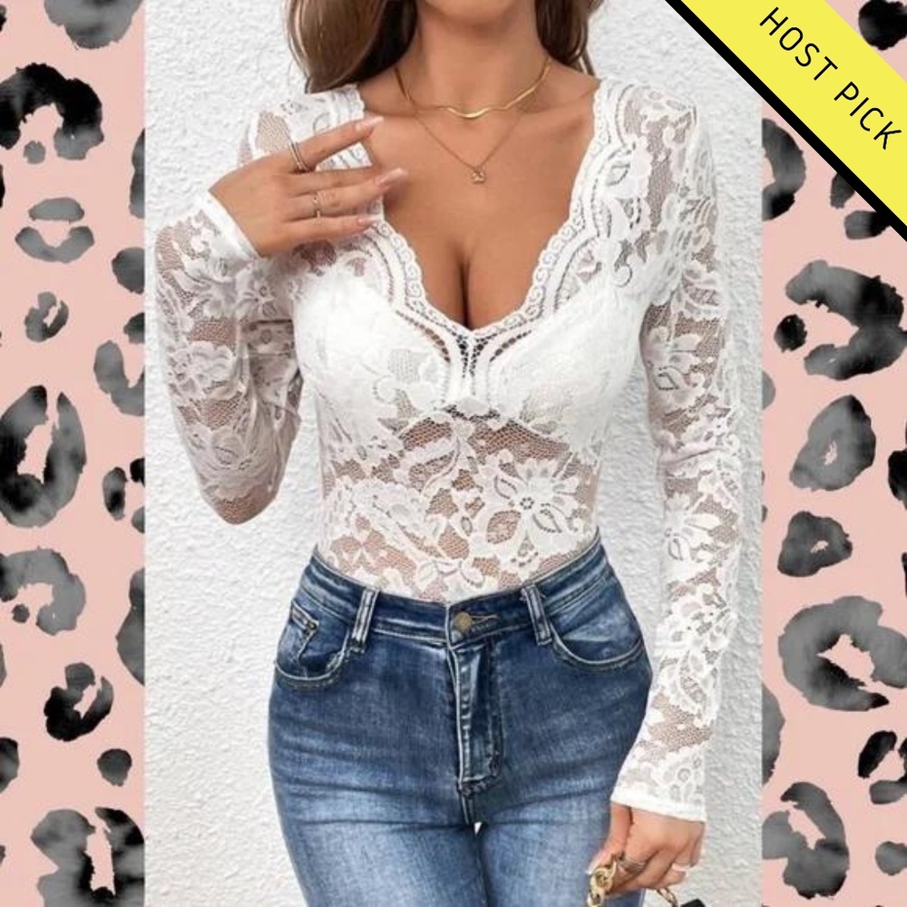 SHEIN White Floral Lace Long Sleeve Bodysuit